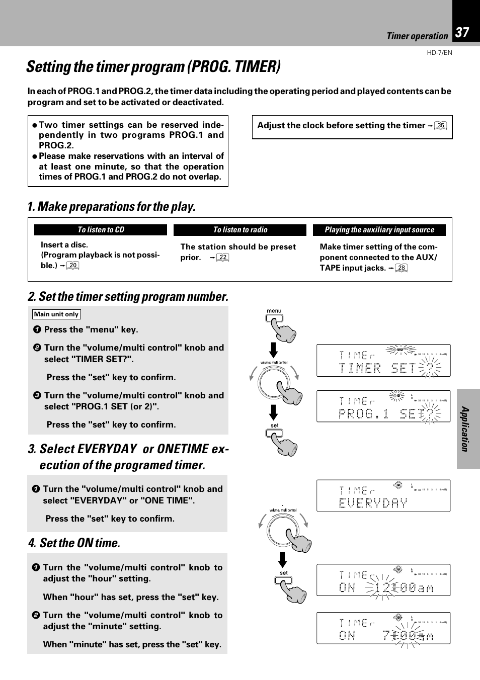 Setting the timer program (prog. timer), Make preparations for the play, Set the timer setting program number | Set the on time, Application, Timer operation | Kenwood HD-7 User Manual | Page 37 / 44