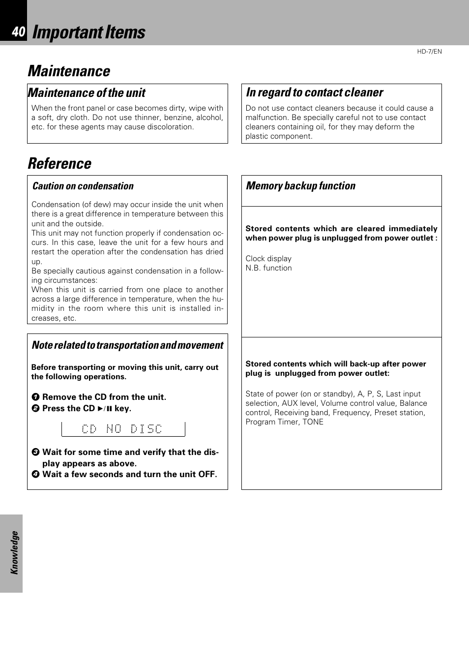 Knowledge section, Important items, Maintenance reference | Maintenance of the unit | Kenwood HD-7 User Manual | Page 40 / 44