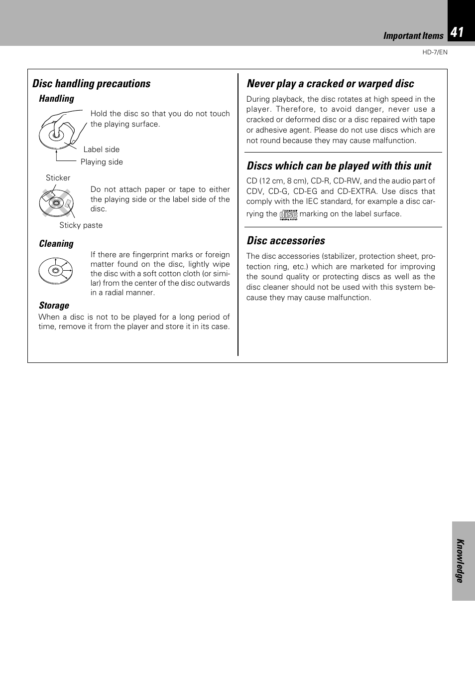 Disc handling precautions, Discs which can be played with this unit, Never play a cracked or warped disc | Disc accessories | Kenwood HD-7 User Manual | Page 41 / 44