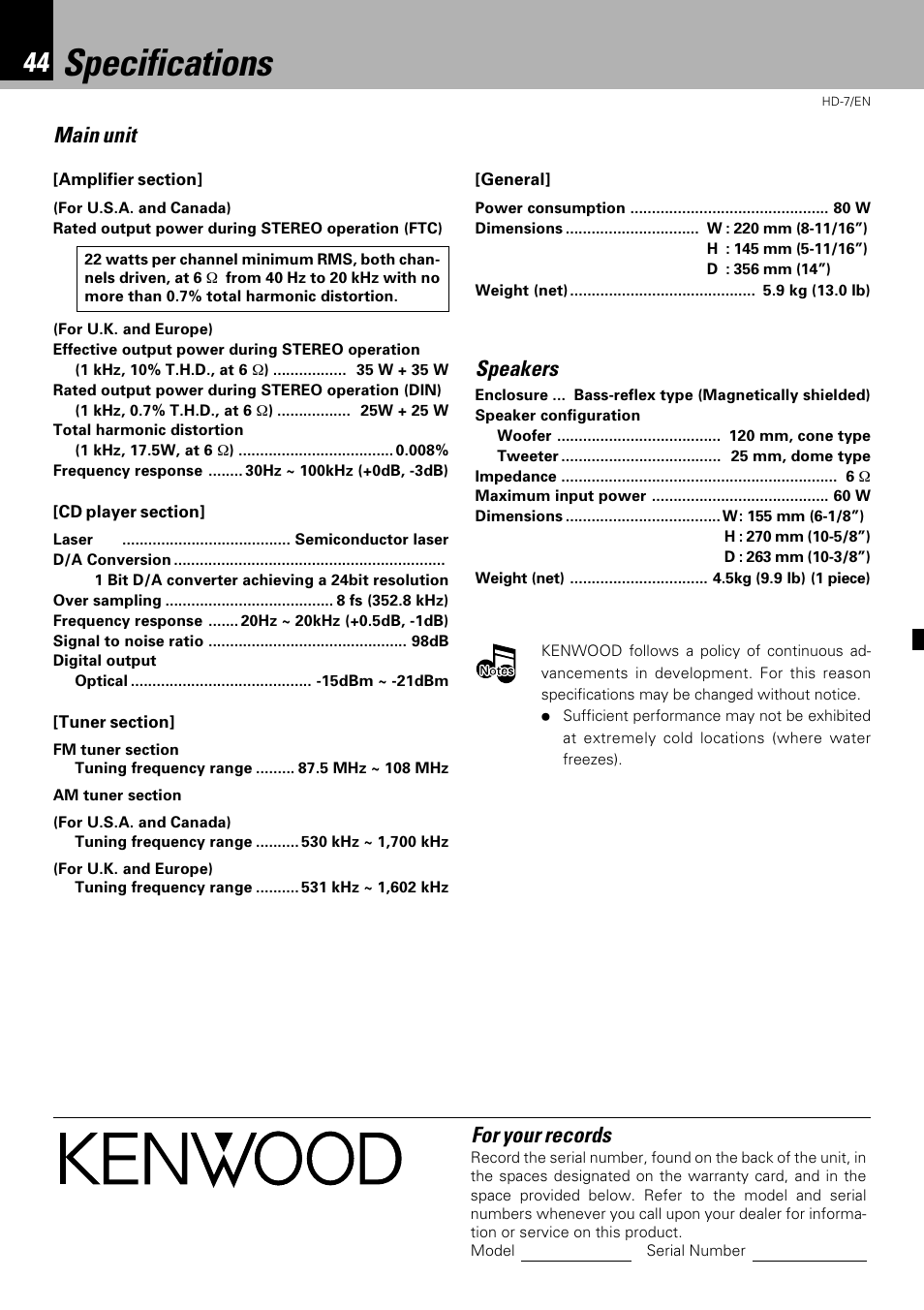 Specifications, Main unit, Speakers | For your records | Kenwood HD-7 User Manual | Page 44 / 44