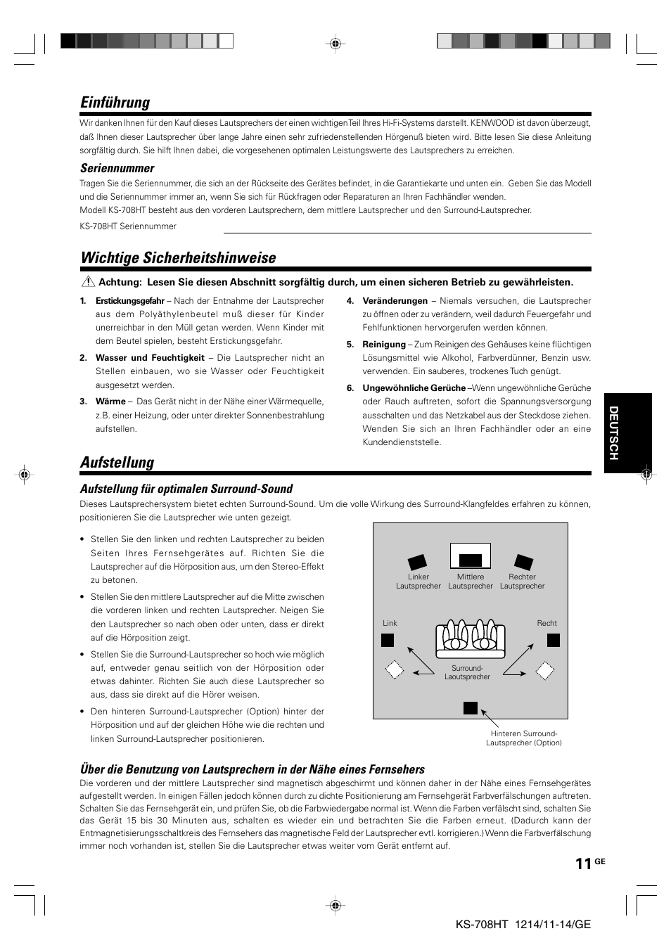 German, Einführung, Aufstellung | Wichtige sicherheitshinweise, Seriennummer, Aufstellung für optimalen surround-sound | Kenwood KS-708HT User Manual | Page 11 / 28