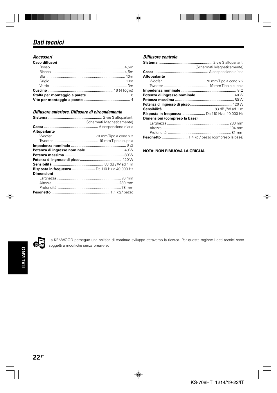 Dati tecnici | Kenwood KS-708HT User Manual | Page 22 / 28