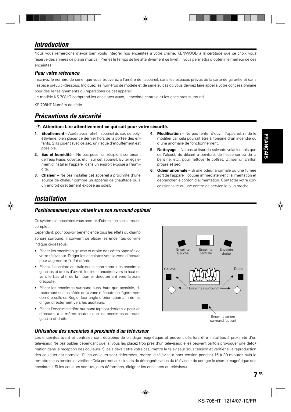 French, Précautions de sécurité, Introduction | Installation, Pour votre référence | Kenwood KS-708HT User Manual | Page 7 / 28