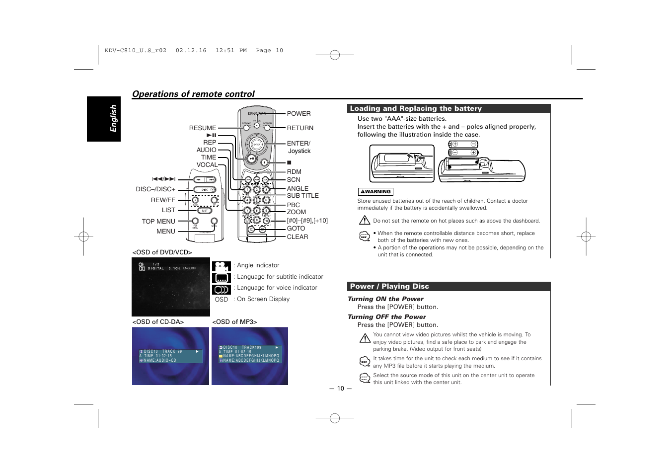 Operations of remote control | Kenwood KDV-C820  EN User Manual | Page 10 / 40