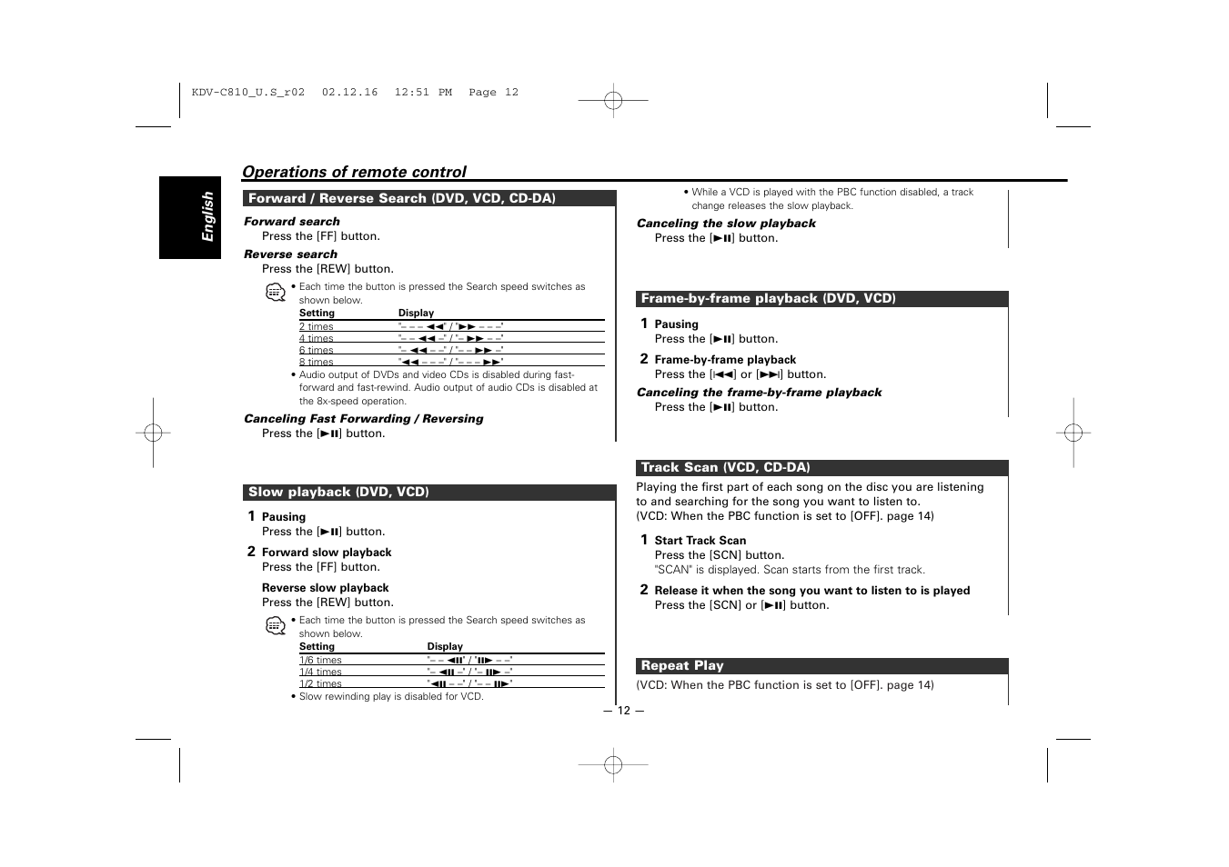 Operations of remote control | Kenwood KDV-C820  EN User Manual | Page 12 / 40