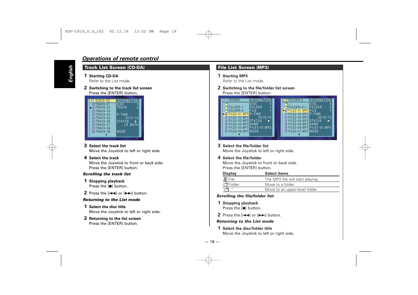 Operations of remote control | Kenwood KDV-C820  EN User Manual | Page 18 / 40