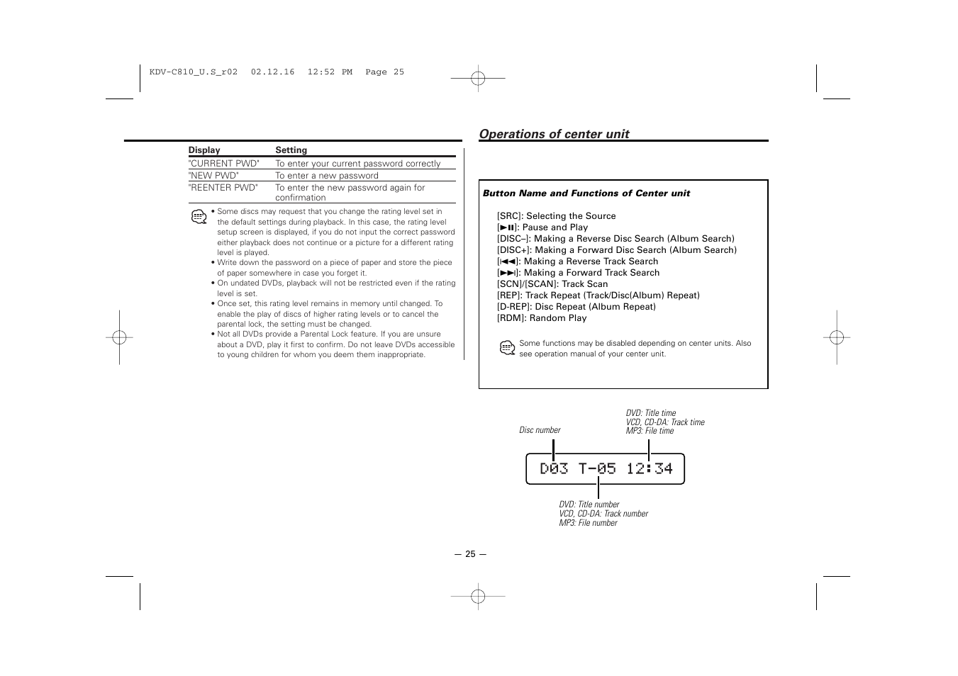 Operations of center unit | Kenwood KDV-C820  EN User Manual | Page 25 / 40