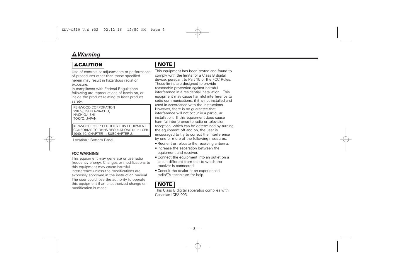 Warning, 2 warning | Kenwood KDV-C820  EN User Manual | Page 3 / 40