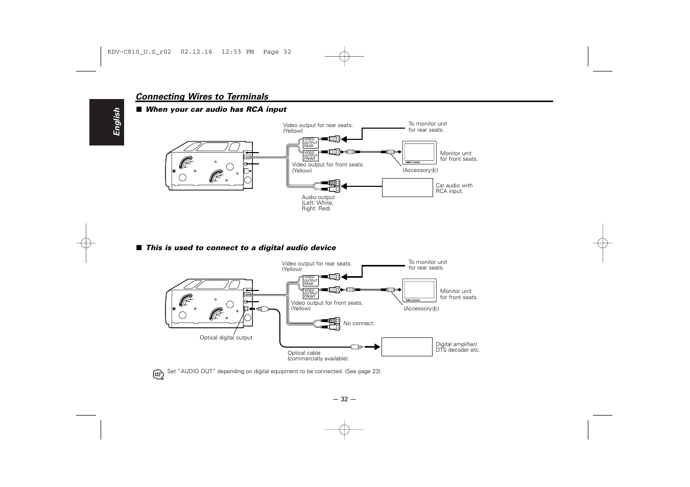 Connecting wires to terminals, English, This is used to connect to a digital audio device | When your car audio has rca input | Kenwood KDV-C820  EN User Manual | Page 32 / 40