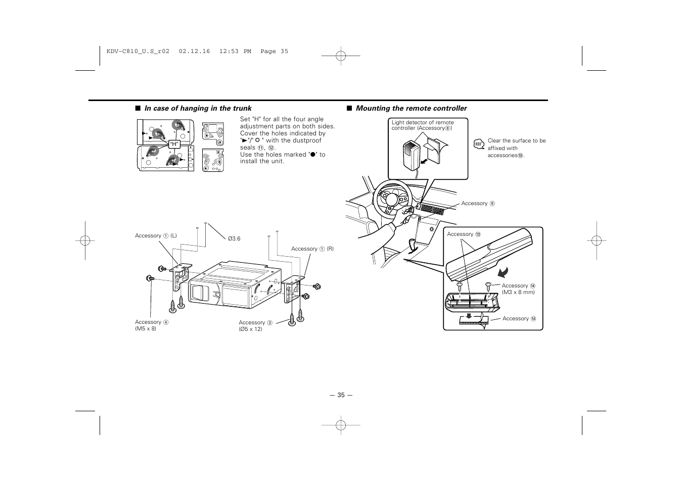 Mounting the remote controller | Kenwood KDV-C820  EN User Manual | Page 35 / 40