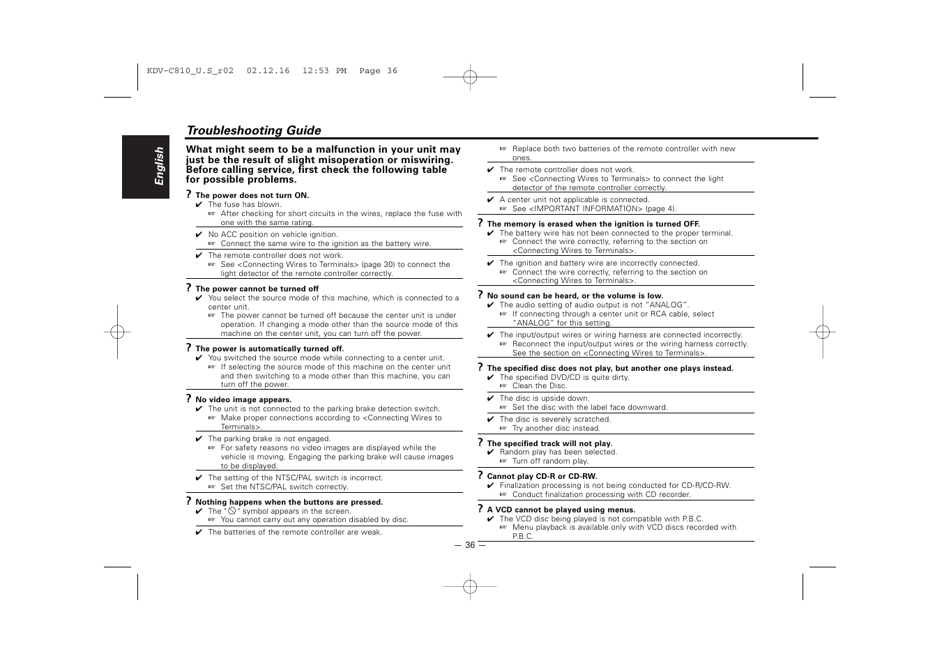 Troubleshooting guide | Kenwood KDV-C820  EN User Manual | Page 36 / 40