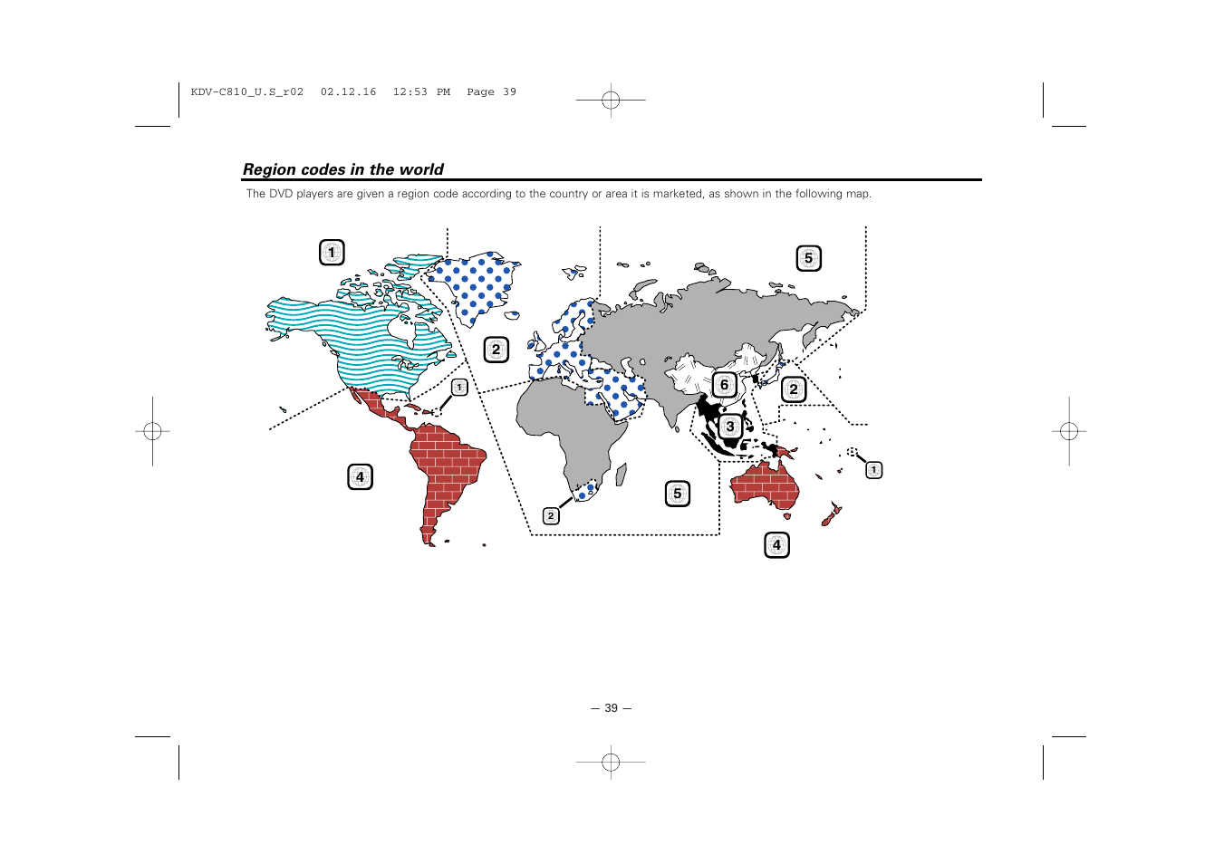 Region codes in the world | Kenwood KDV-C820  EN User Manual | Page 39 / 40