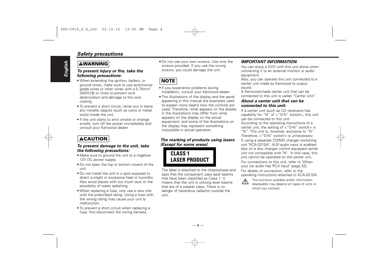 Safety precautions, Class 1 laser product | Kenwood KDV-C820  EN User Manual | Page 4 / 40