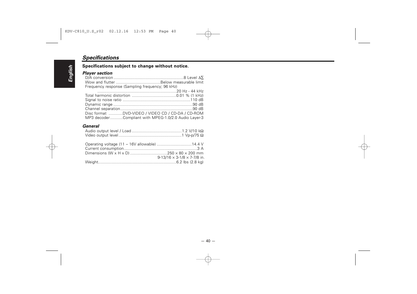 Specifications | Kenwood KDV-C820  EN User Manual | Page 40 / 40