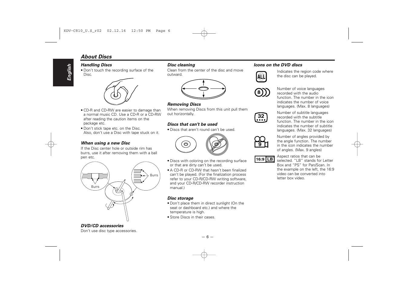 About discs | Kenwood KDV-C820  EN User Manual | Page 6 / 40