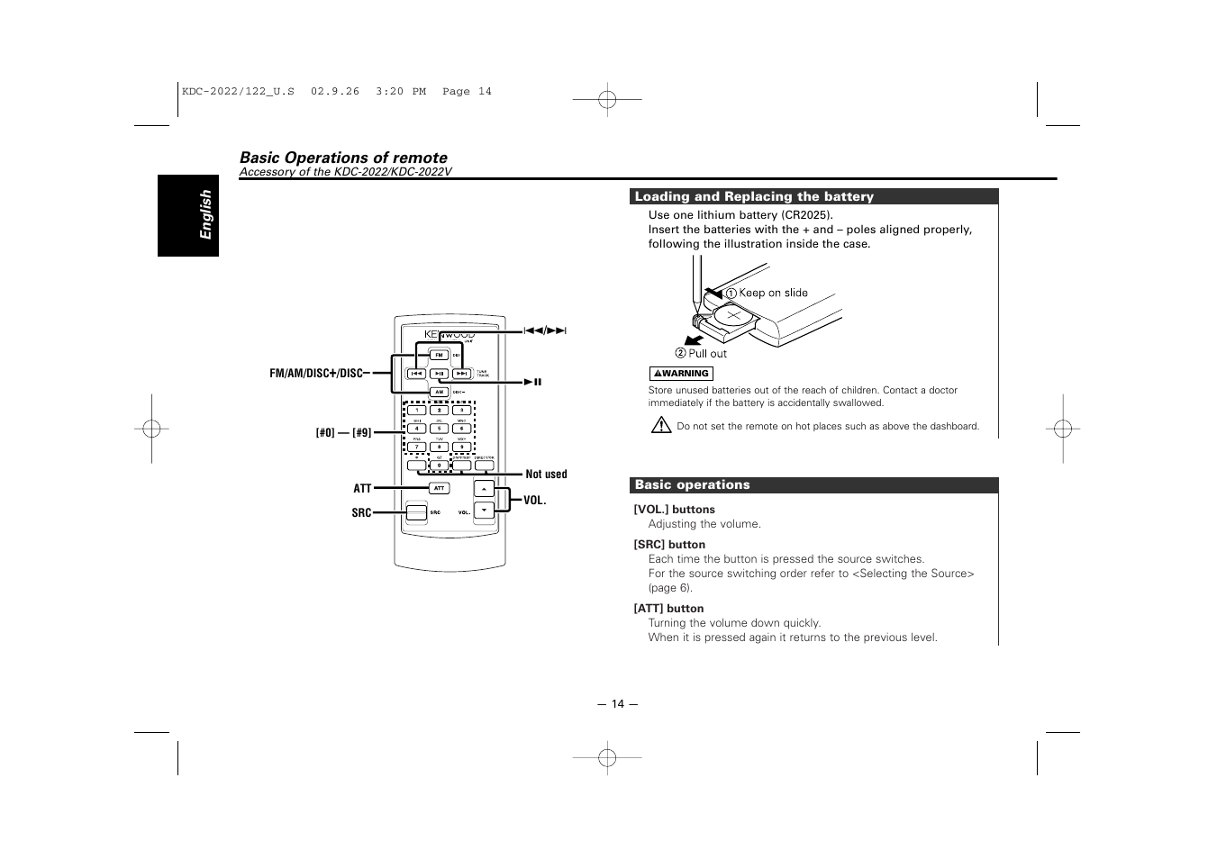 Basic operations of remote | Kenwood KDC-122S User Manual | Page 14 / 92