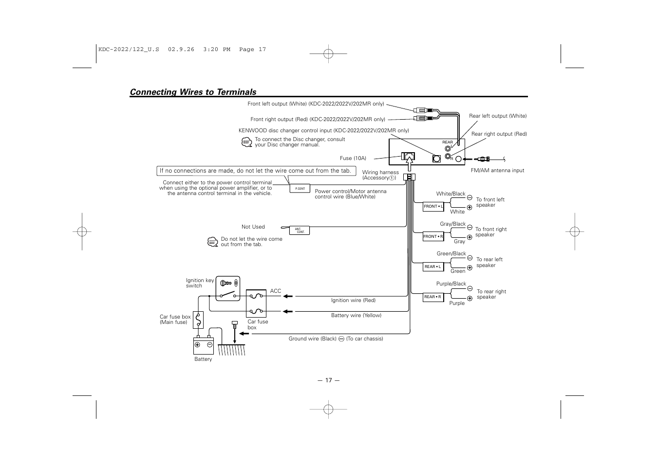 Connecting wires to terminals | Kenwood KDC-122S User Manual | Page 17 / 92