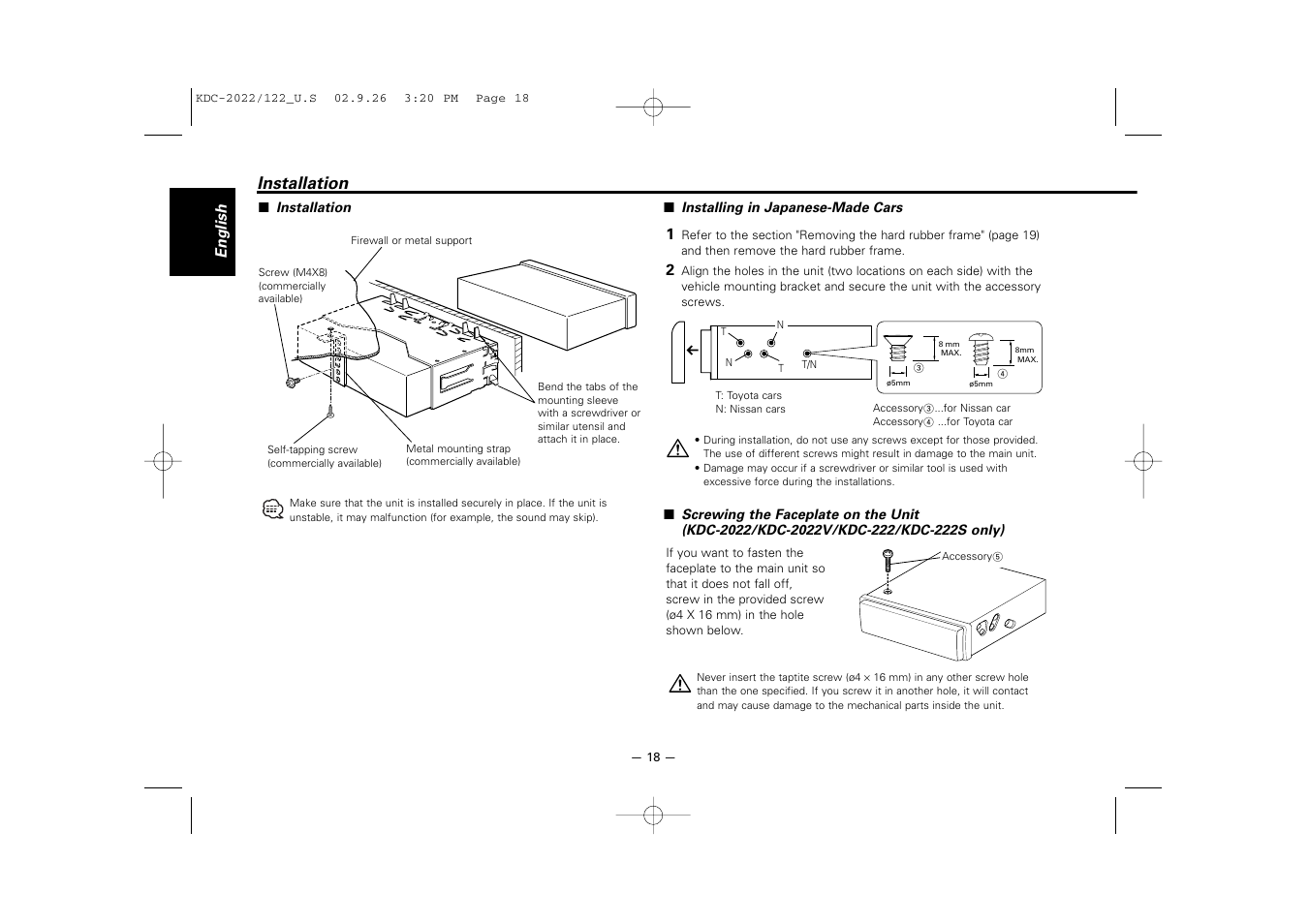 Installation | Kenwood KDC-122S User Manual | Page 18 / 92