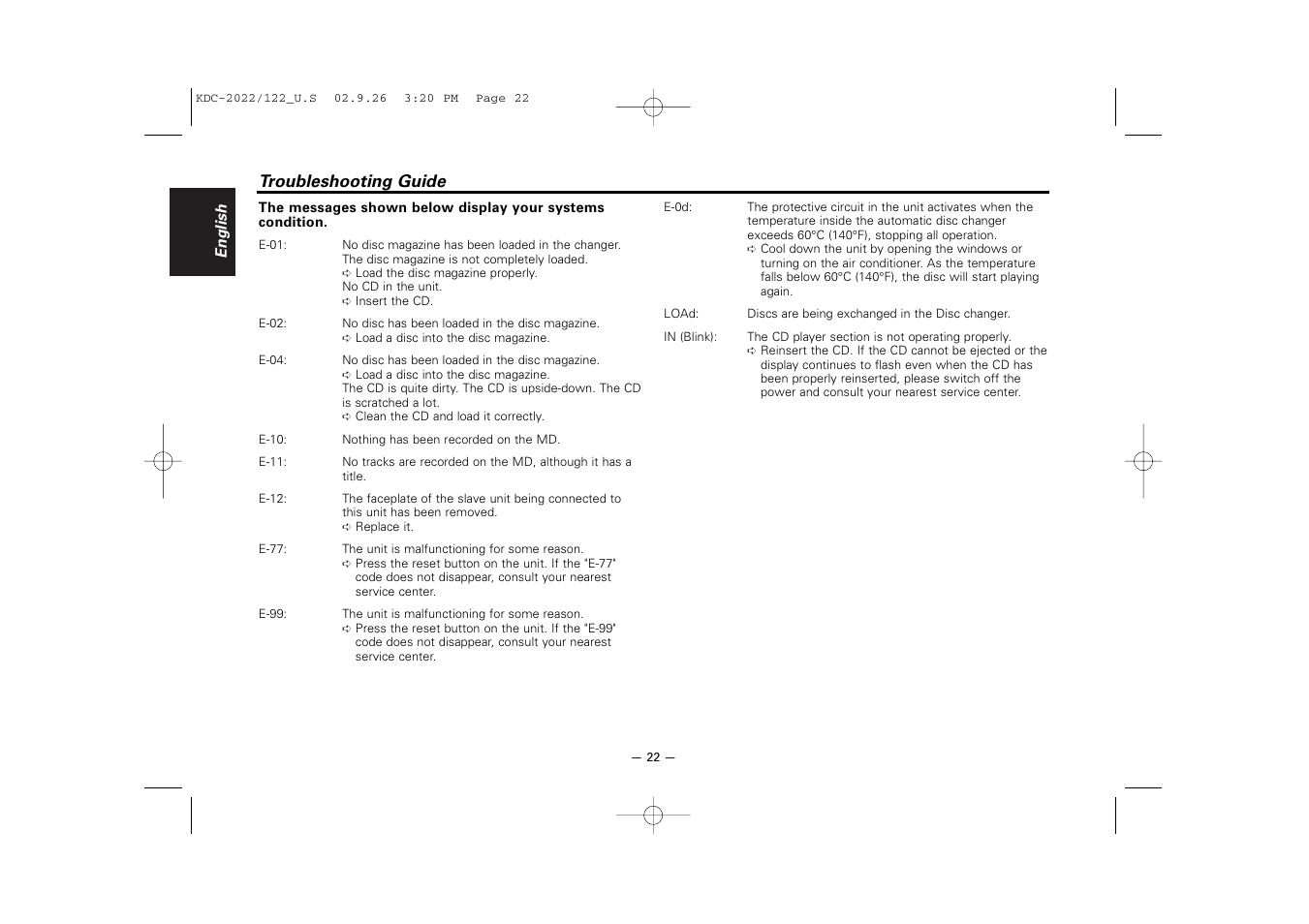 Troubleshooting guide | Kenwood KDC-122S User Manual | Page 22 / 92