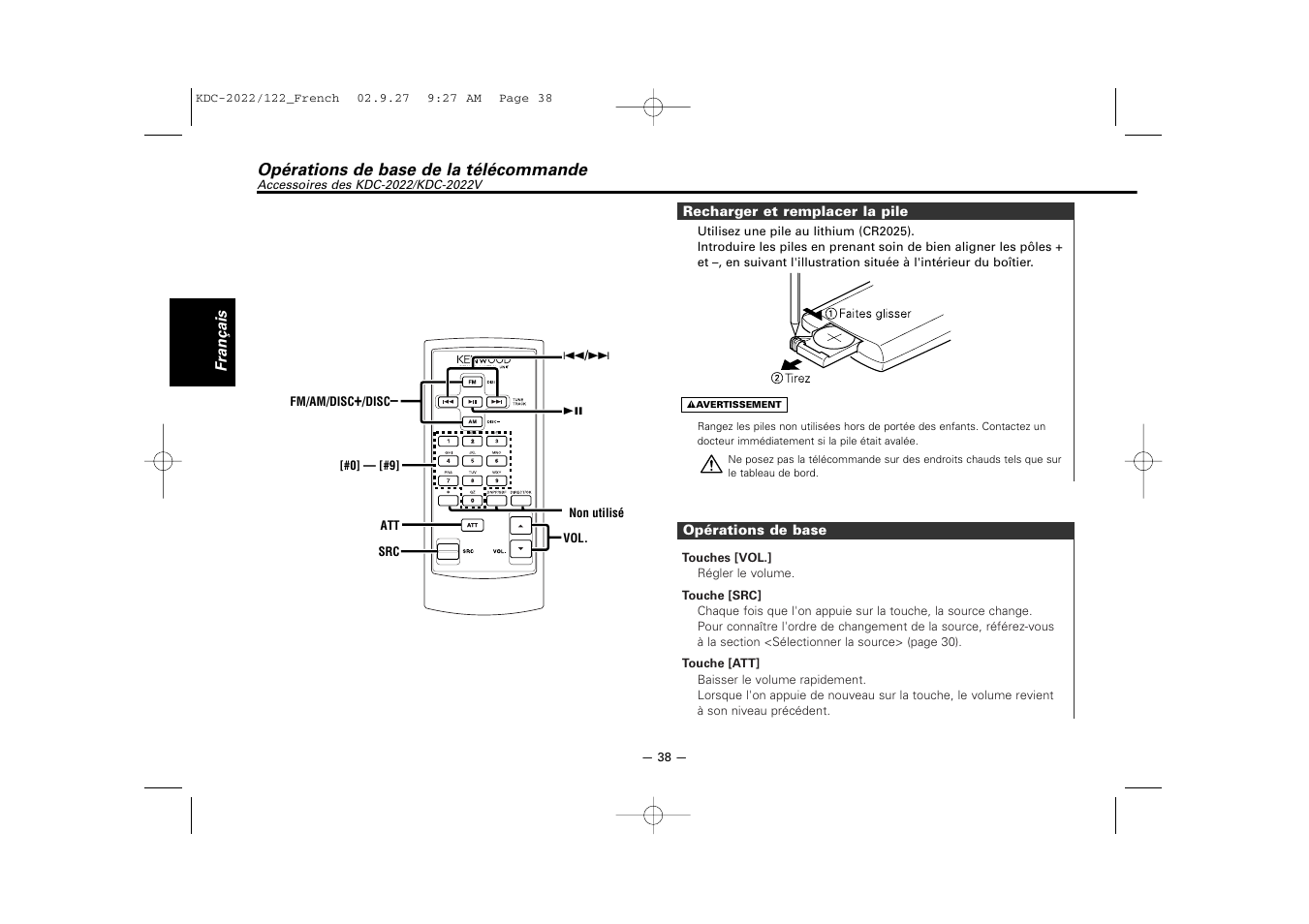 Operations de base de la telecommande | Kenwood KDC-122S User Manual | Page 38 / 92