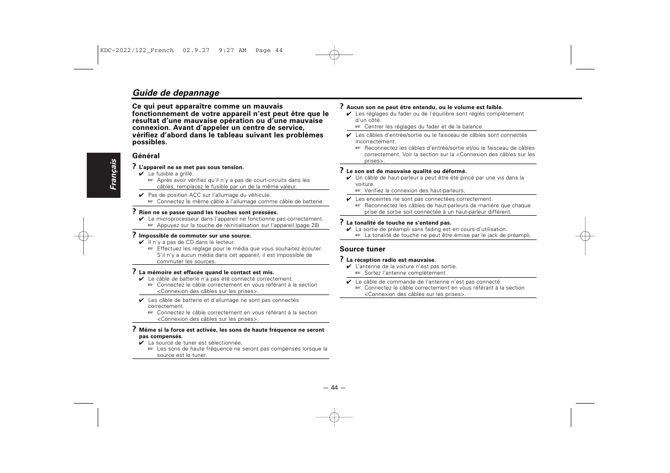 Guide de depannage | Kenwood KDC-122S User Manual | Page 44 / 92