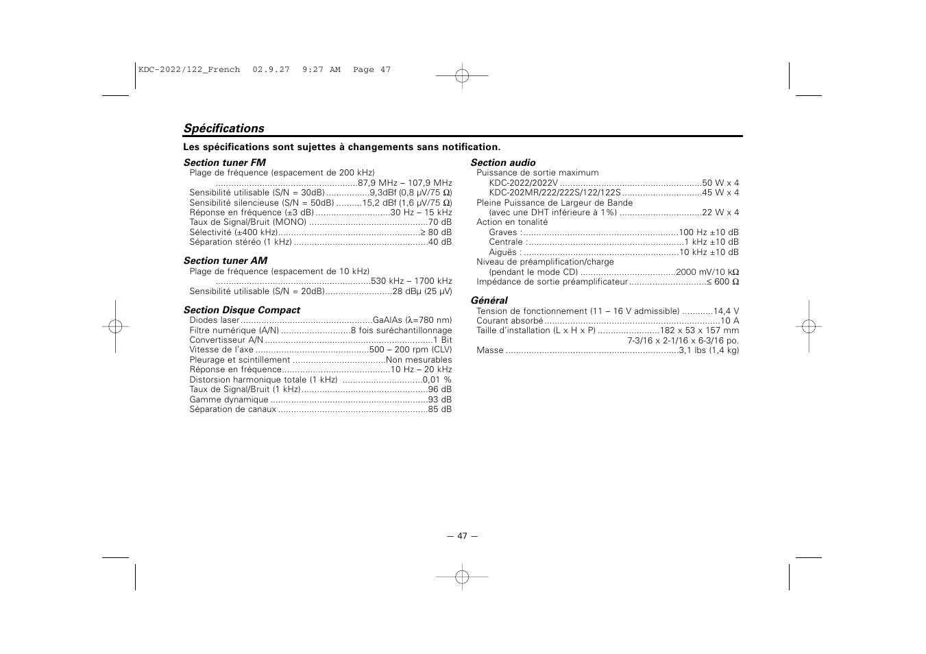 Specifications | Kenwood KDC-122S User Manual | Page 47 / 92