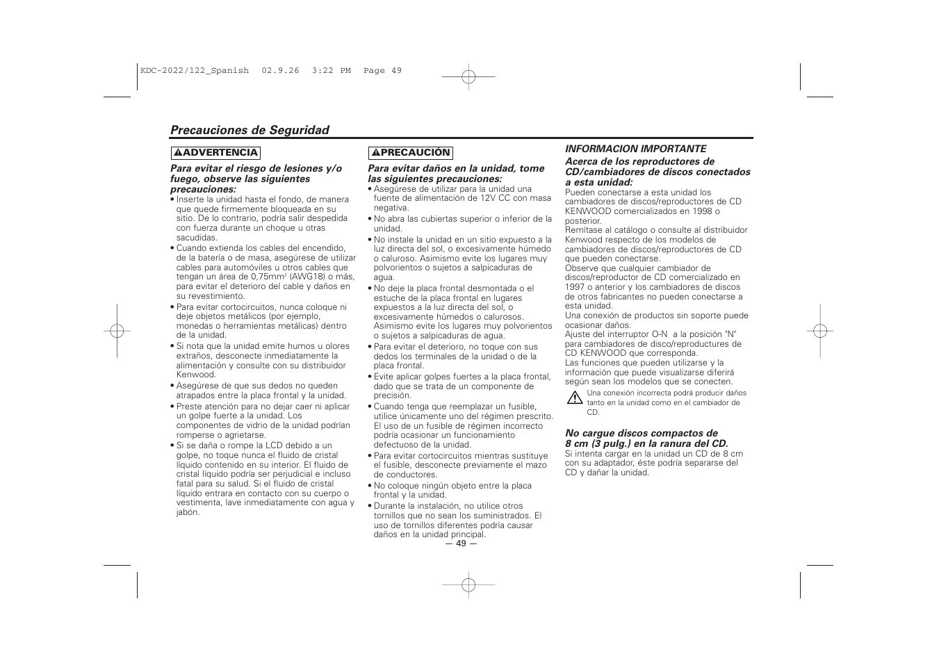 Precauciones de seguridad | Kenwood KDC-122S User Manual | Page 49 / 92