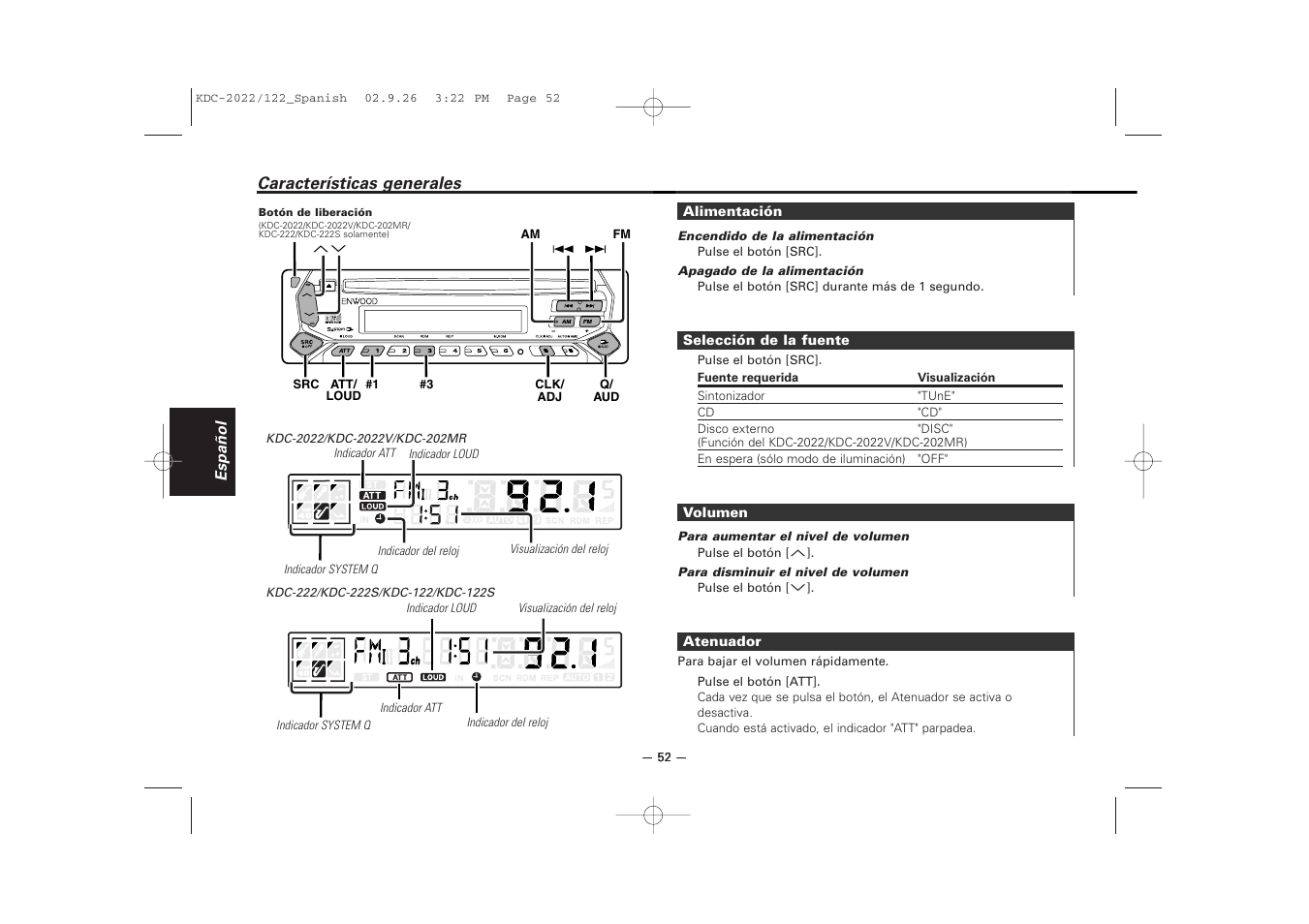 Caracteristicas generales | Kenwood KDC-122S User Manual | Page 52 / 92