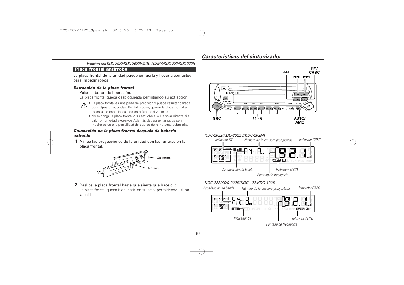 Caracteristicas del sintonizador | Kenwood KDC-122S User Manual | Page 55 / 92