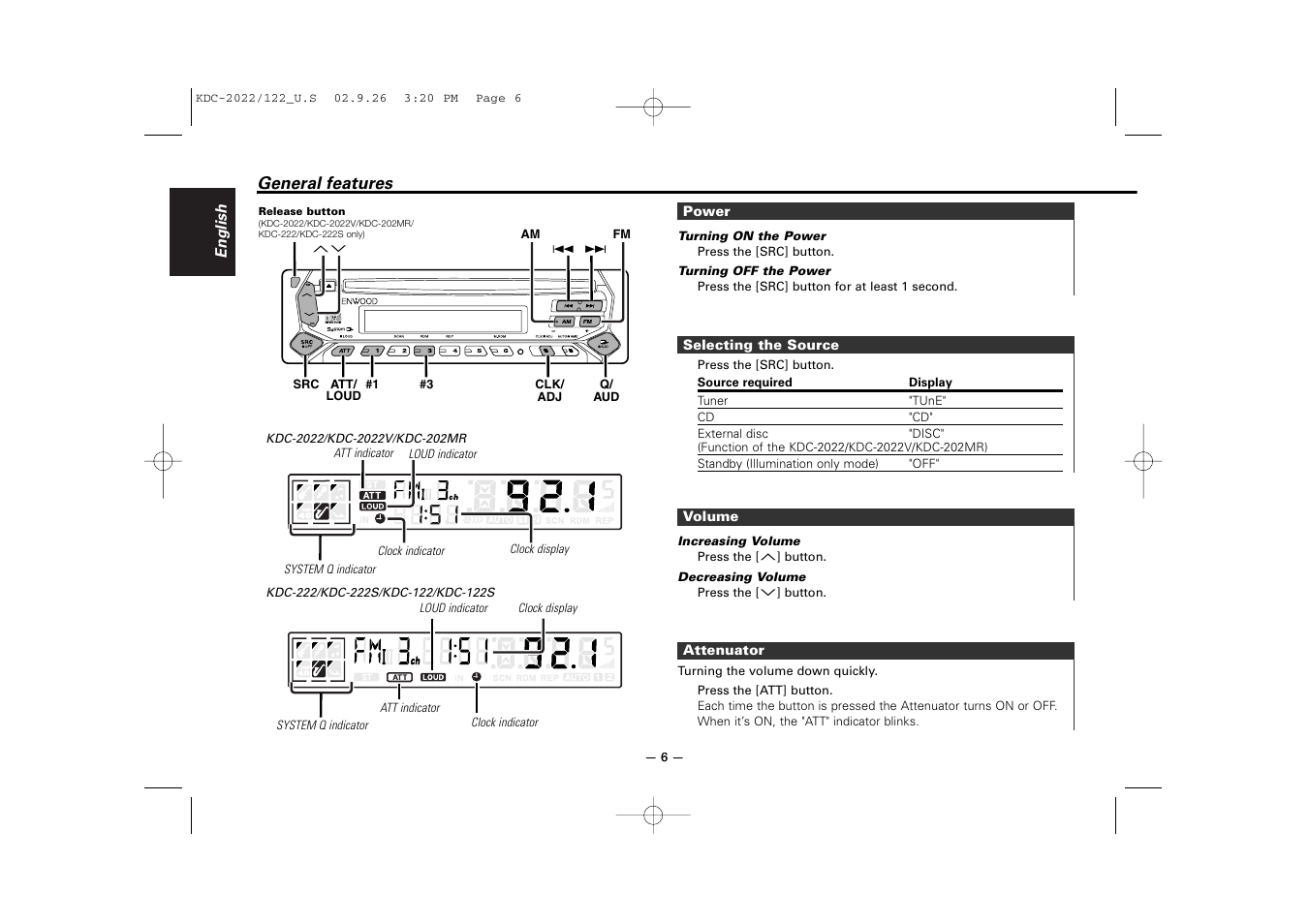 General features | Kenwood KDC-122S User Manual | Page 6 / 92