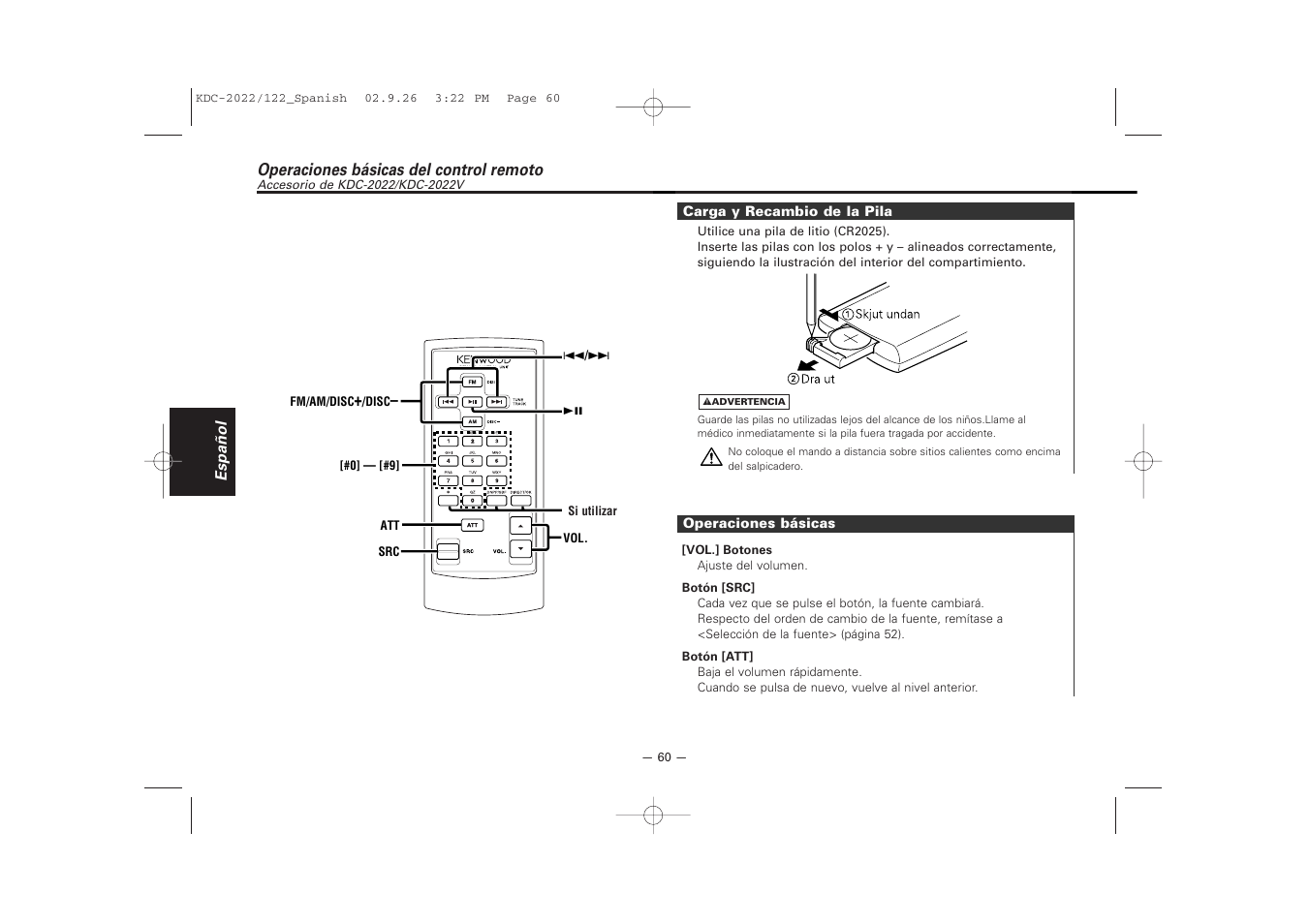 Operaciones basicas del control remoto | Kenwood KDC-122S User Manual | Page 60 / 92