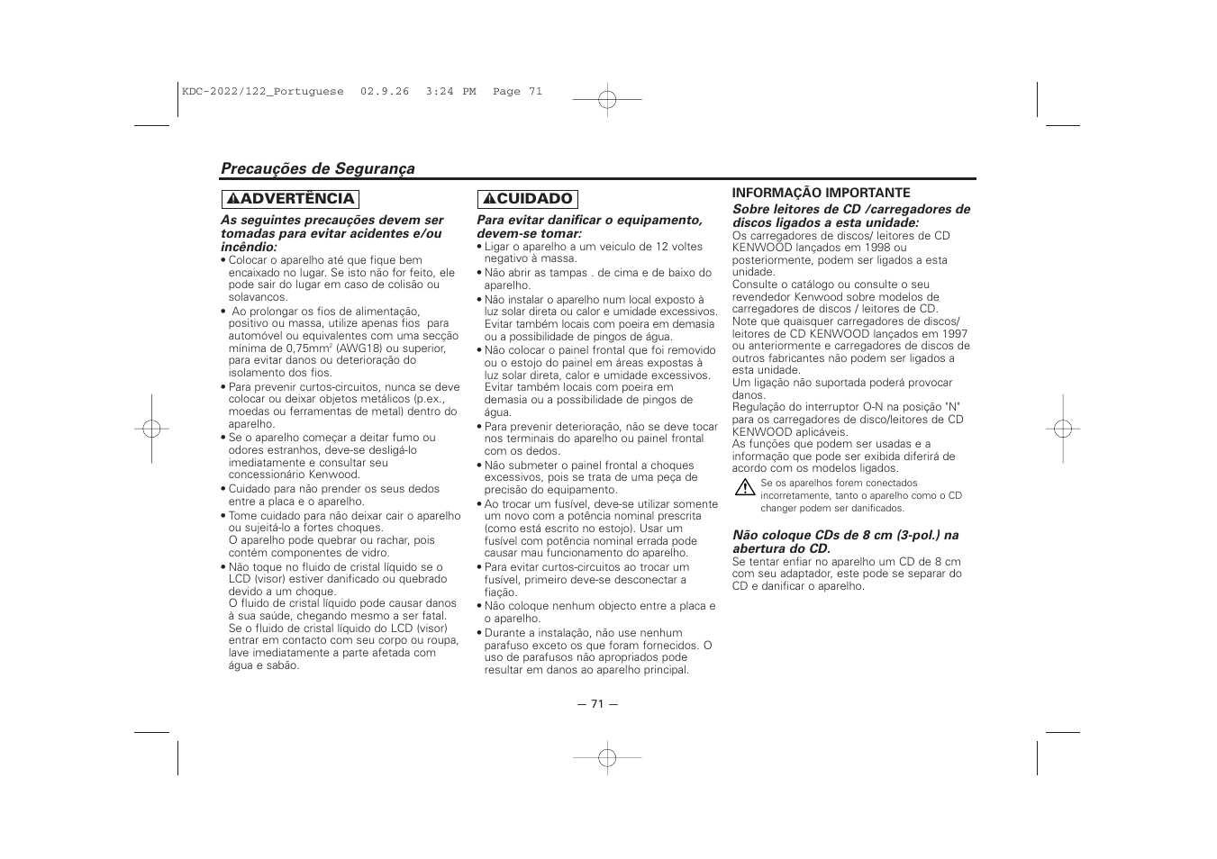 Precaucoes de seguranca | Kenwood KDC-122S User Manual | Page 71 / 92