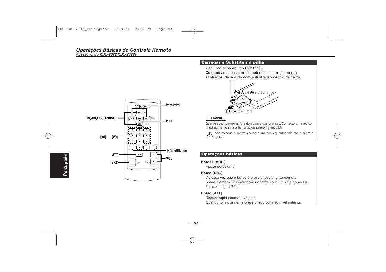 Operacoes basicas de controle remoto | Kenwood KDC-122S User Manual | Page 82 / 92