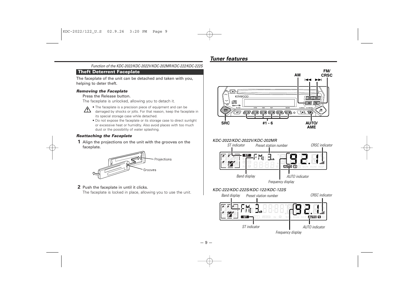 Tuner features | Kenwood KDC-122S User Manual | Page 9 / 92