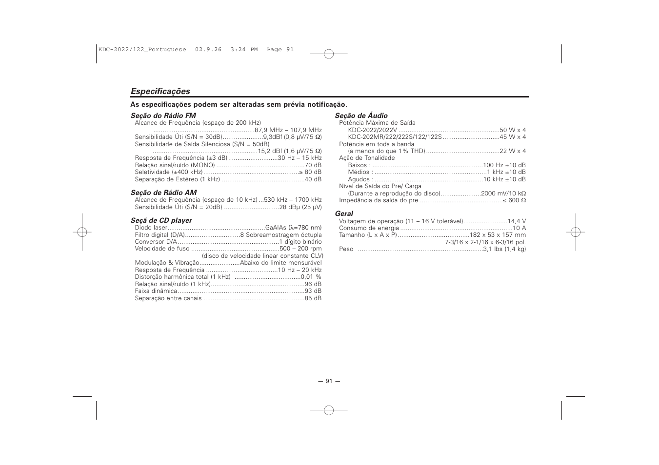 Especificacoes | Kenwood KDC-122S User Manual | Page 91 / 92