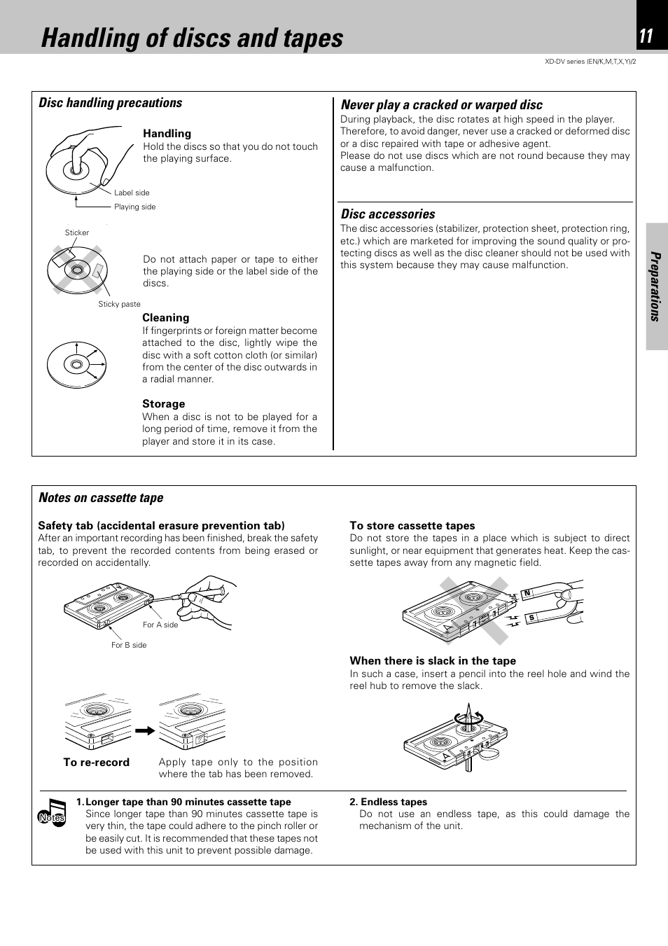 Handling of discs and tapes, Preparations, Disc handling precautions disc accessories | Never play a cracked or warped disc | Kenwood XD-DV75 User Manual | Page 11 / 73