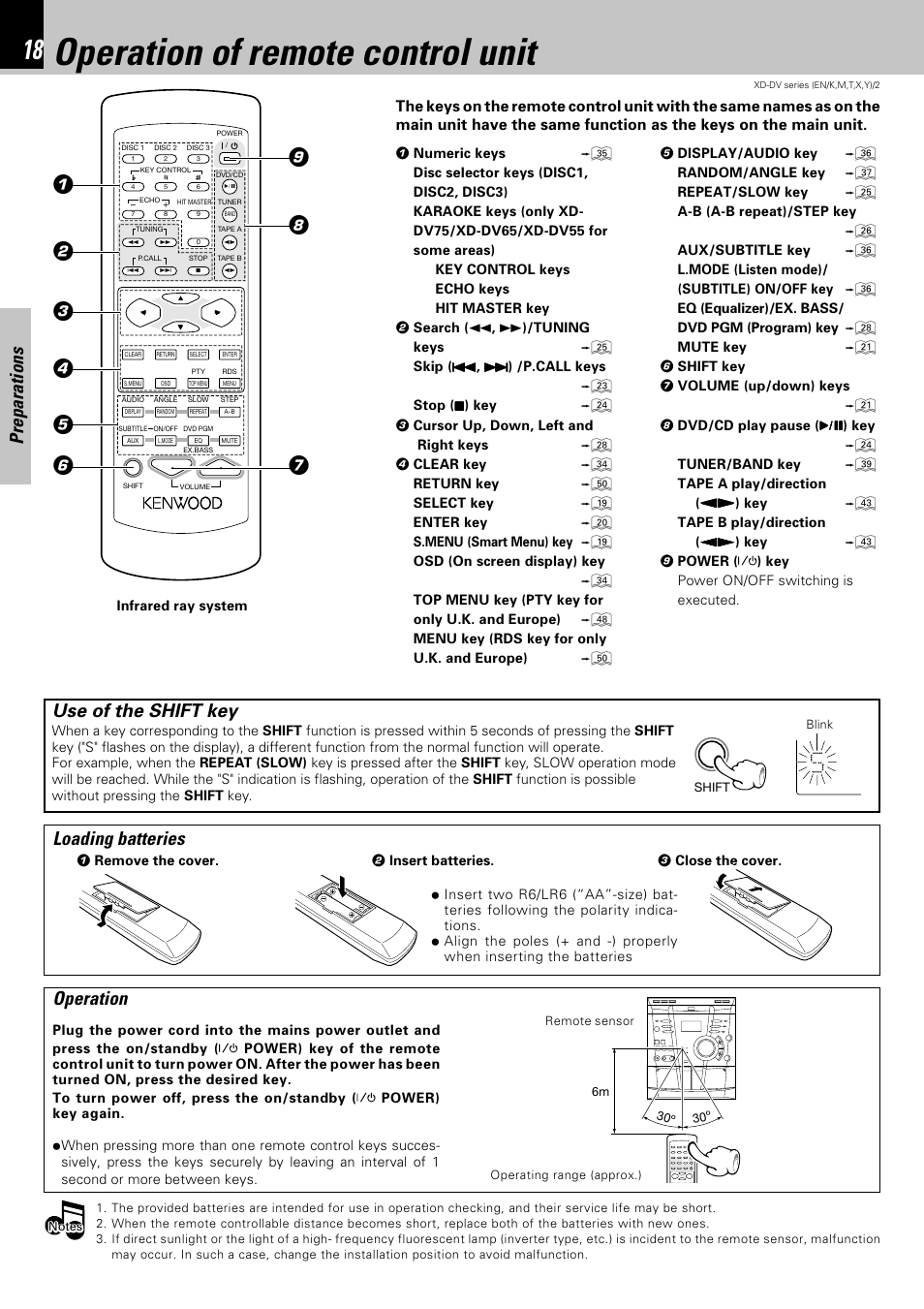 Operation of remote control unit, Preparations, Loading batteries | Operation, Use of the shift key | Kenwood XD-DV75 User Manual | Page 18 / 73