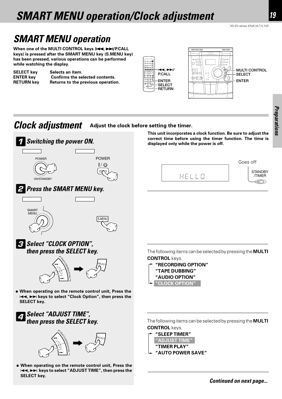 Smart menu operation/clock adjustment, Smart menu operation, Clock adjustment | Clock adjustment smart menu operation, Preparations, Continued on next page, Adjust the clock before setting the timer | Kenwood XD-DV75 User Manual | Page 19 / 73