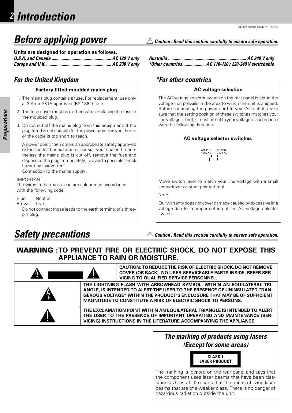 Introduction, Before applying power, Safety precautions | For other countries | Kenwood XD-DV75 User Manual | Page 2 / 73