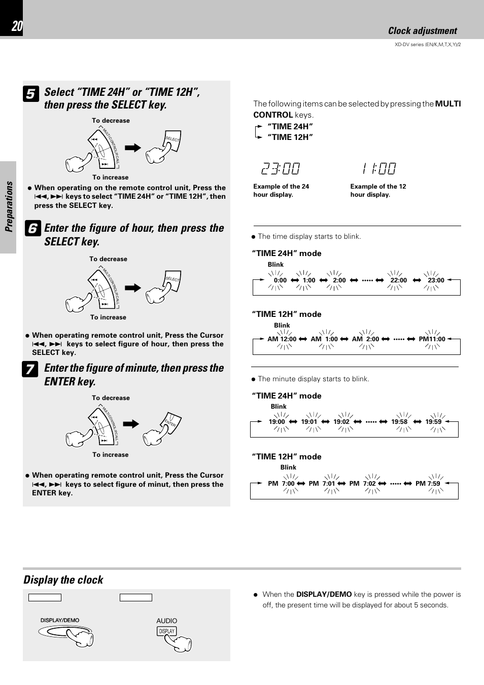 Display the clock, Preparations, Clock adjustment | Time 24h” mode, Time 12h” mode | Kenwood XD-DV75 User Manual | Page 20 / 73