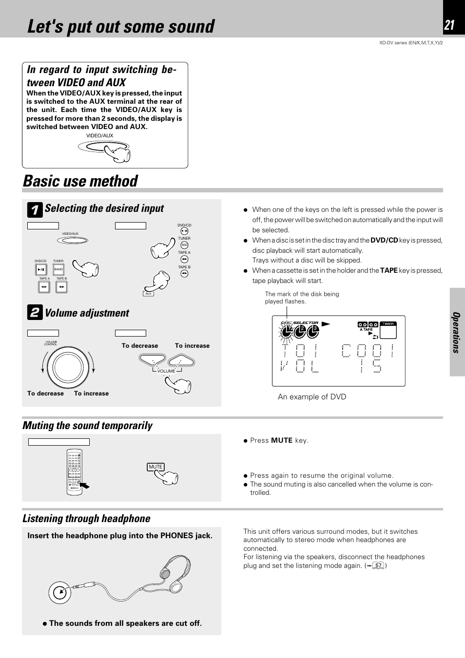 Let's put out some sound, Basic use method, Selecting the desired input volume adjustment | Operations | Kenwood XD-DV75 User Manual | Page 21 / 73