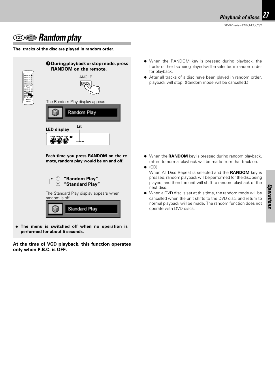 Random play, Operations, Playback of discs | Kenwood XD-DV75 User Manual | Page 27 / 73