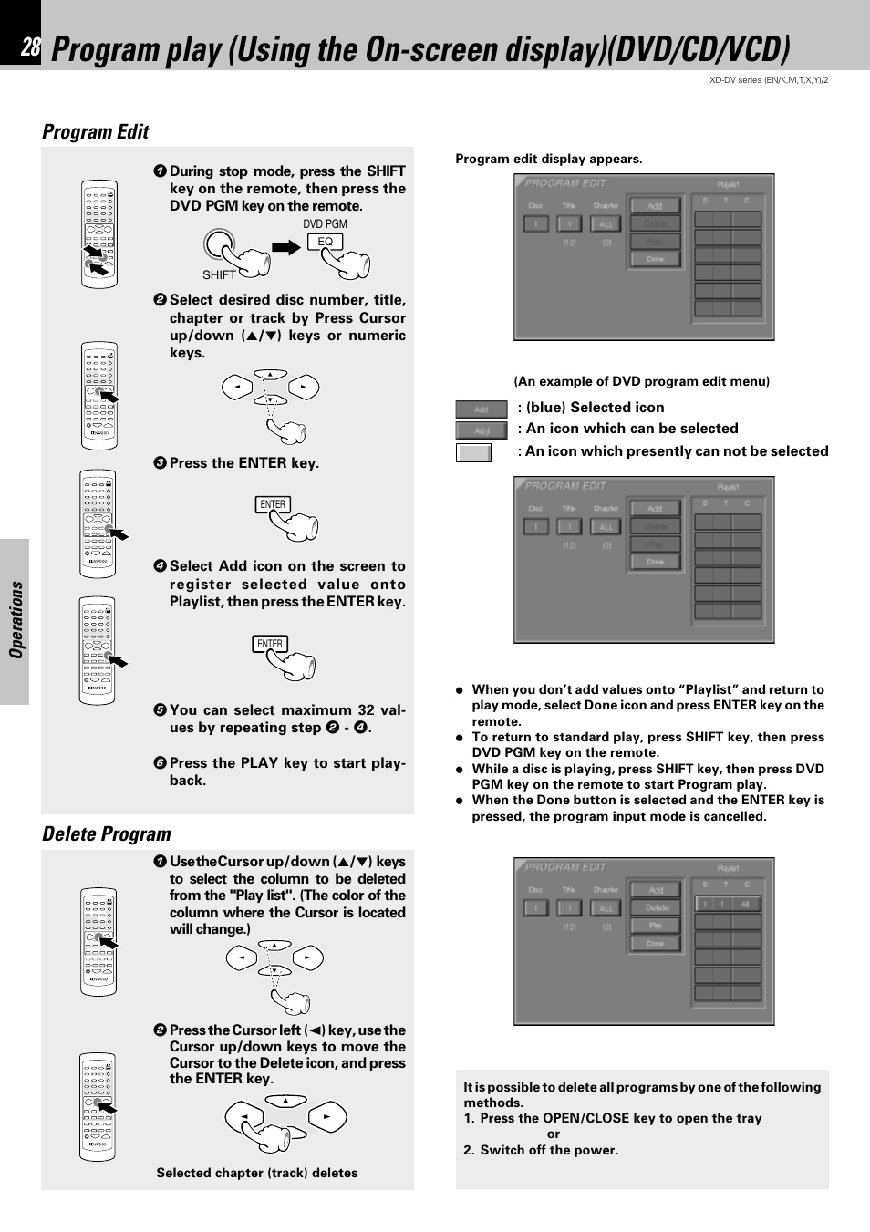 Program edit, Delete program, Operations | Kenwood XD-DV75 User Manual | Page 28 / 73