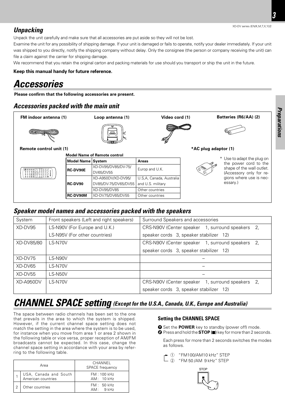 Accessories, Channel space setting, Unpacking | Preparations | Kenwood XD-DV75 User Manual | Page 3 / 73