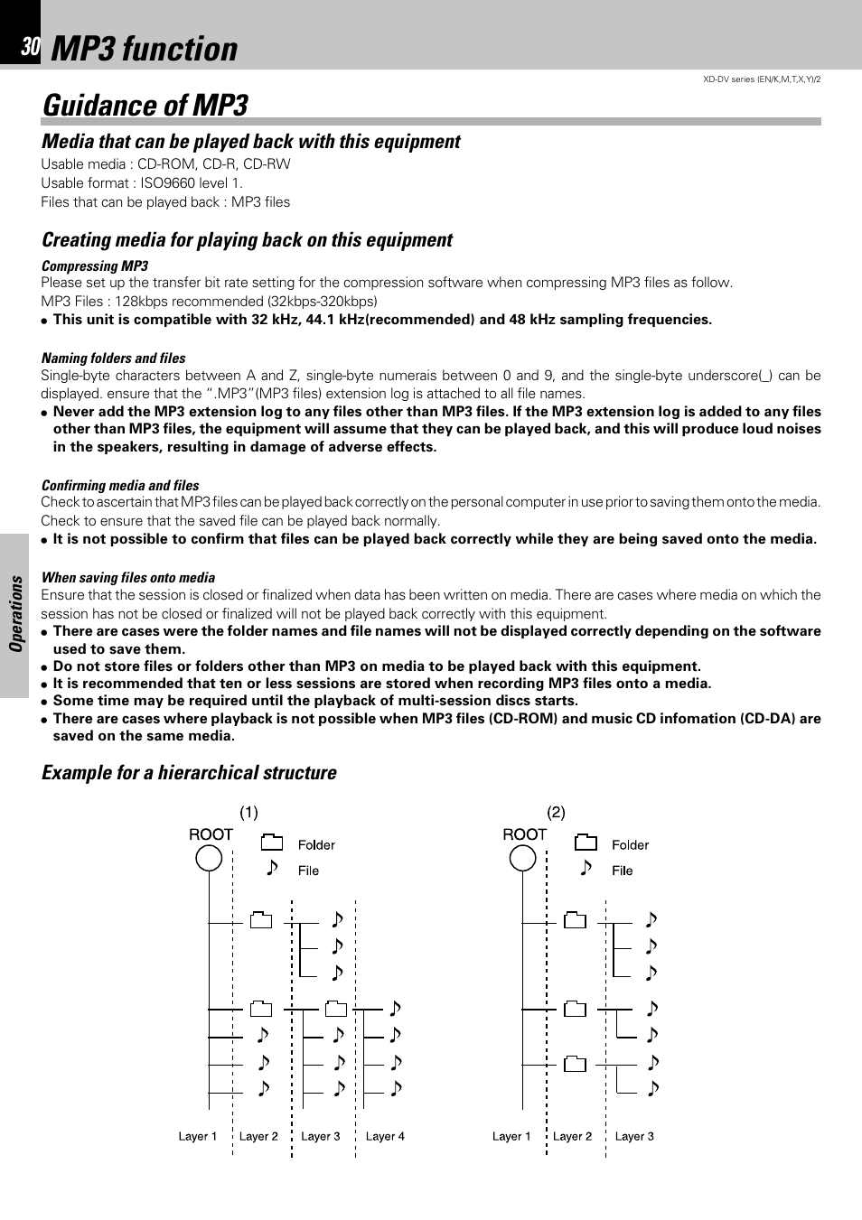 Mp3 function, Guidance of mp3, Media that can be played back with this equipment | Creating media for playing back on this equipment, Example for a hierarchical structure | Kenwood XD-DV75 User Manual | Page 30 / 73