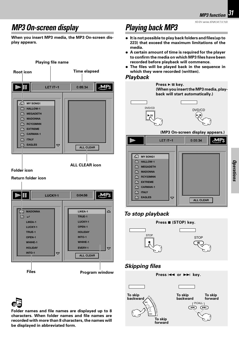 Mp3 on-screen display, Playing back mp3, Playback | Operations, Mp3 function, Press 7 (stop) key, Press 4 or ¢ key | Kenwood XD-DV75 User Manual | Page 31 / 73