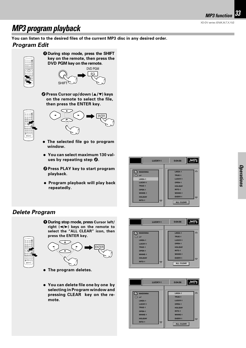 Mp3 program playback, Program edit, Delete program | Operations, Mp3 function, 1 during stop mode, press | Kenwood XD-DV75 User Manual | Page 33 / 73