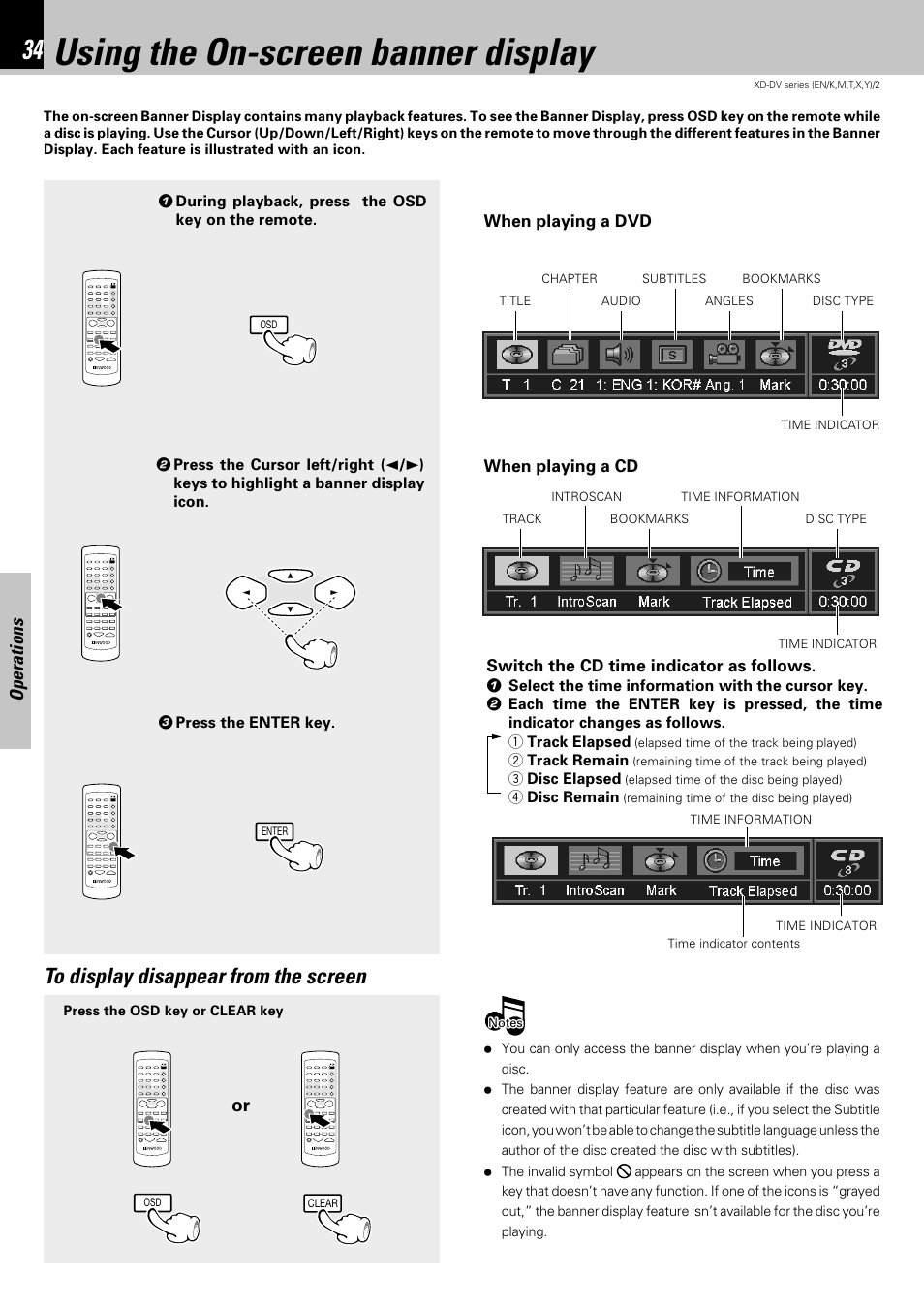 Using the on-screen banner display, Operations | Kenwood XD-DV75 User Manual | Page 34 / 73