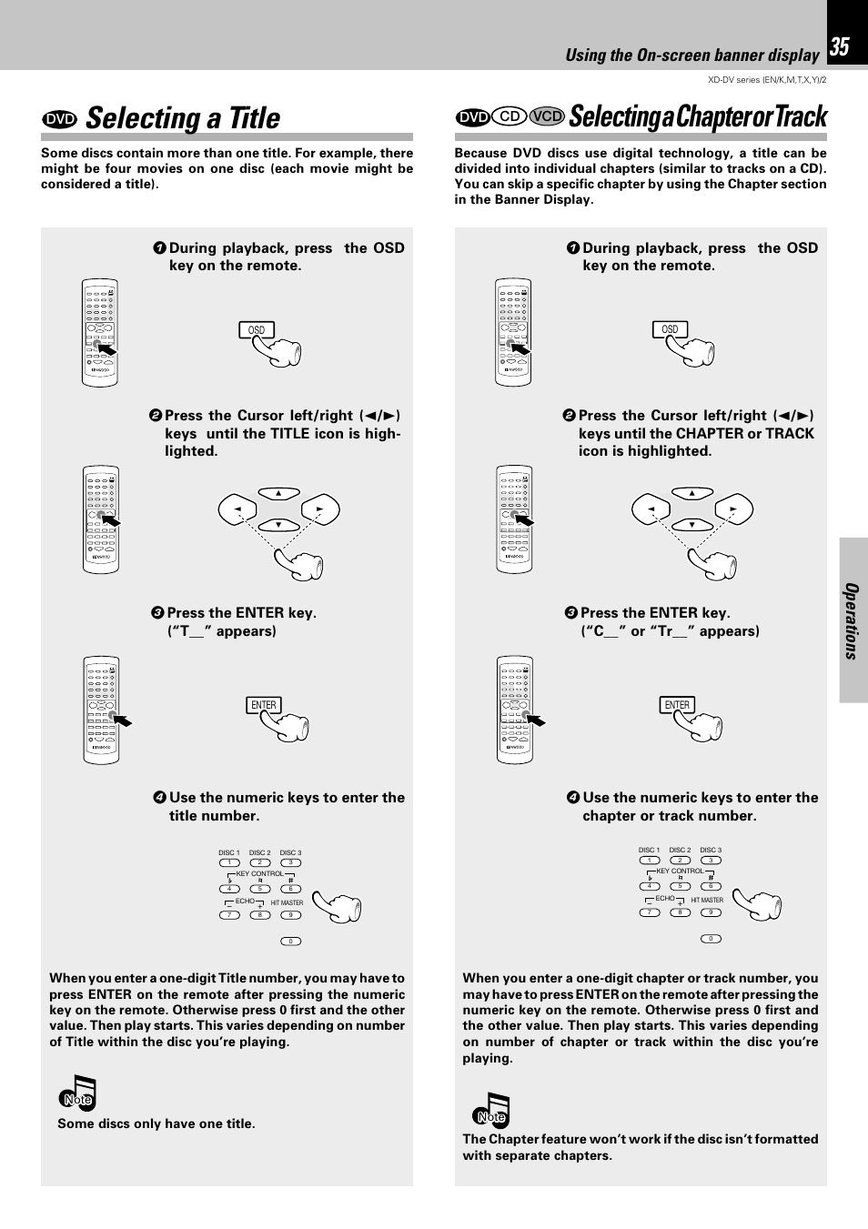 Selecting a title, Selecting a chapter or track, Operations | Using the on-screen banner display, Dvd cd vcd | Kenwood XD-DV75 User Manual | Page 35 / 73