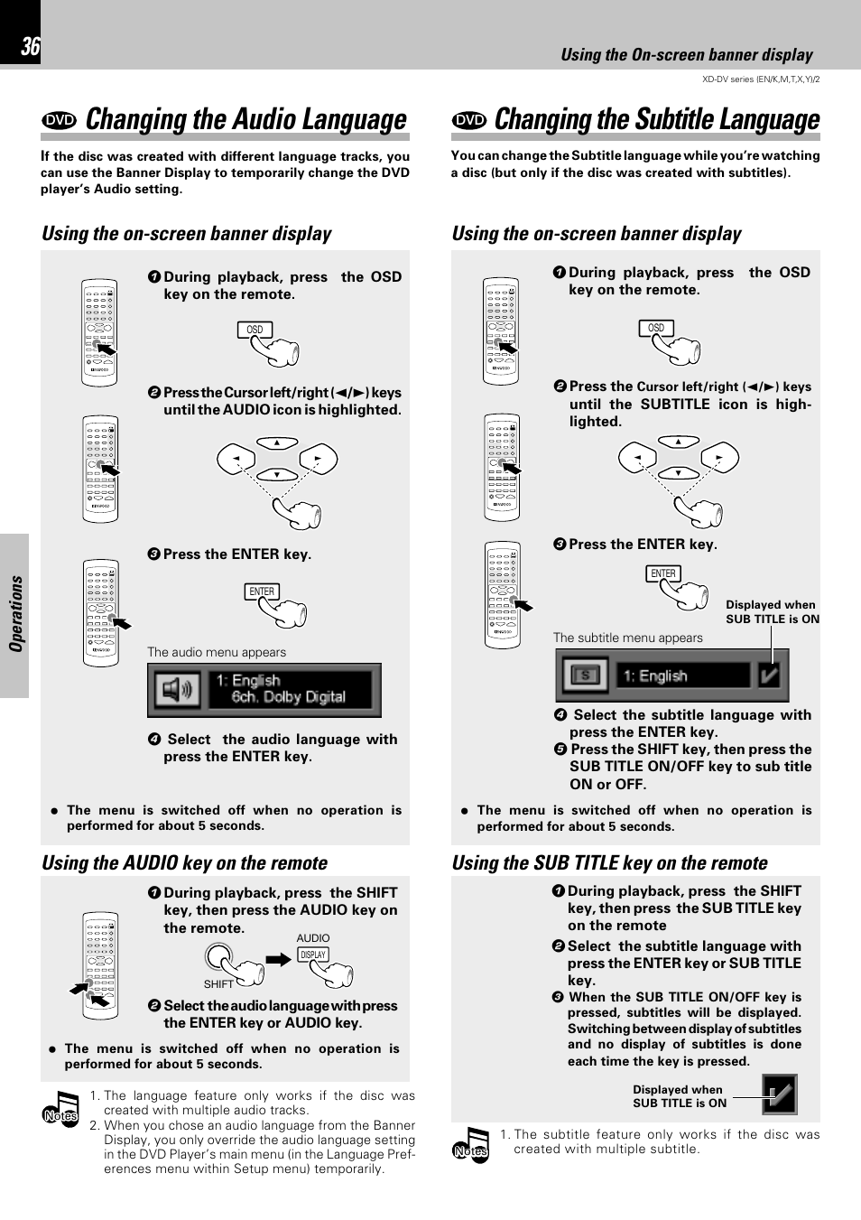 Changing the audio language, Changing the subtitle language, Using the on-screen banner display | Operations | Kenwood XD-DV75 User Manual | Page 36 / 73